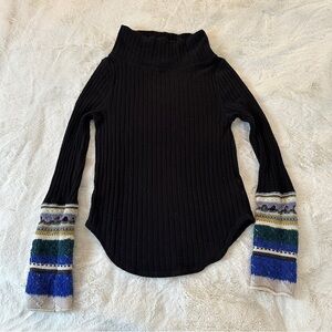 Free People Jet Black sweater with cool multicolor sleeve embellishment Size M